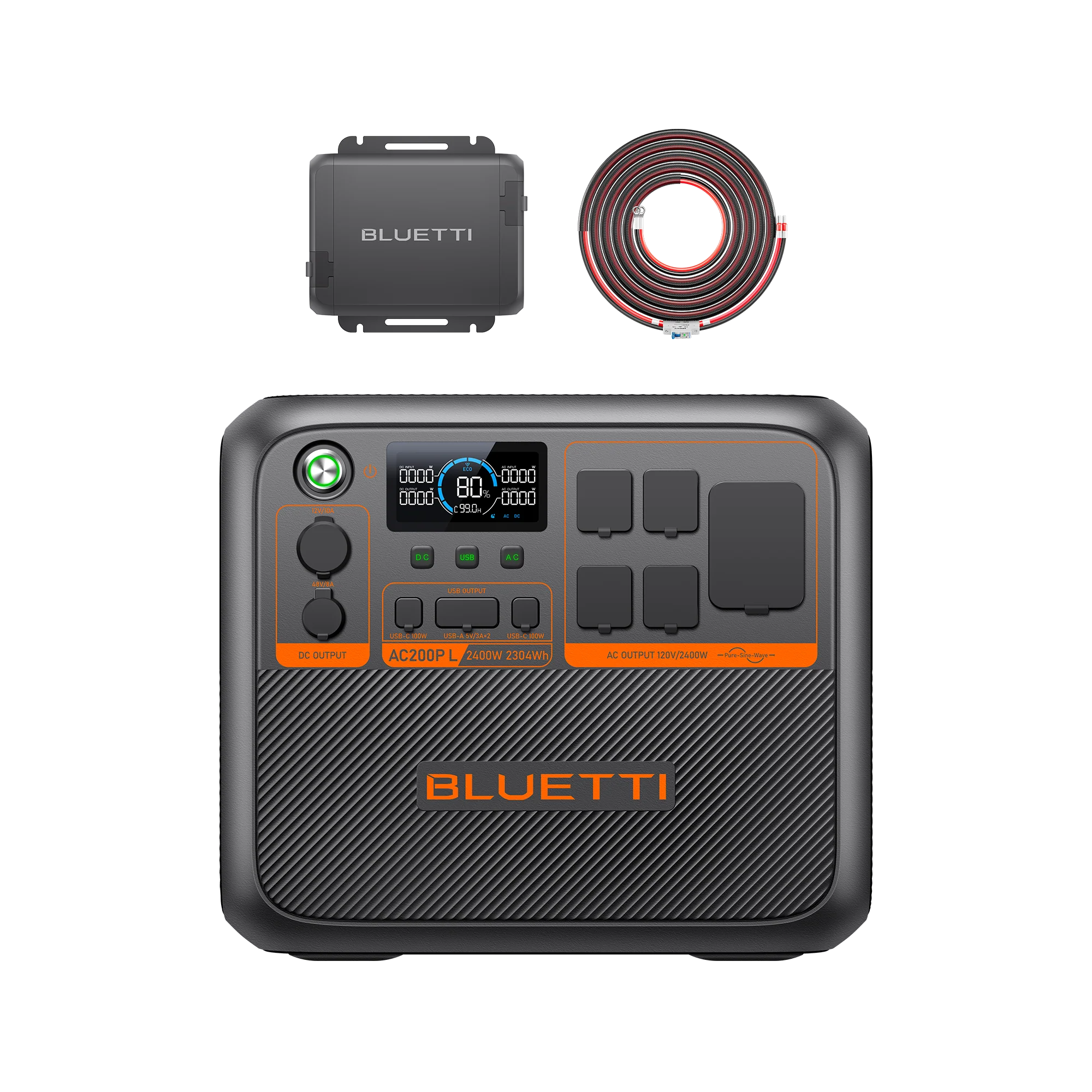 BLUETTI AC200P L vista frontal con accesorios